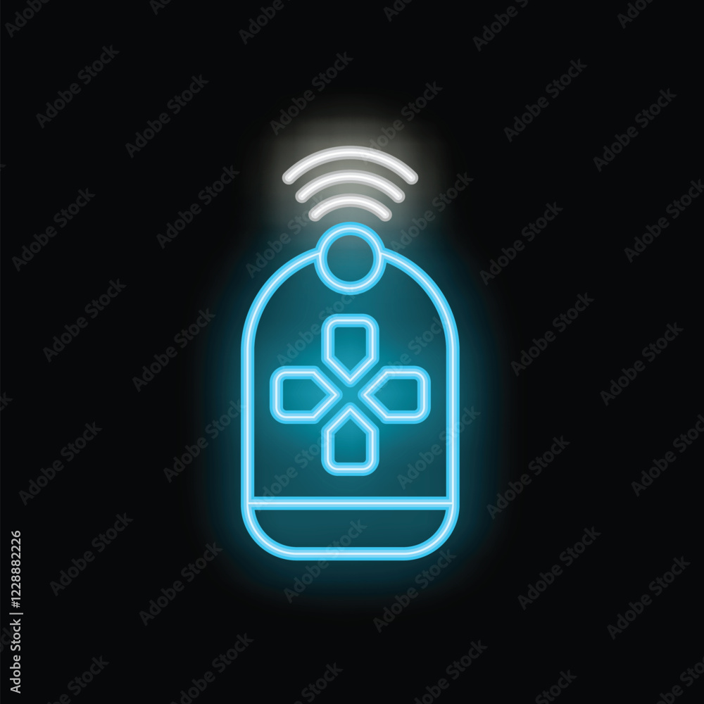 Aufkleber blue neon icon of a wireless gamepad controller sending a signal with a black background