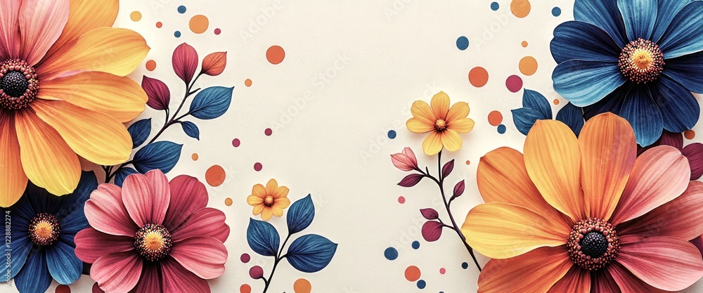 Poster a colorful flowery background with a white border. the flowers are in various colors and sizes, and 