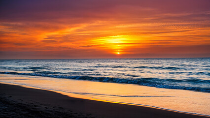 Sunset over the ocean waves at the beach