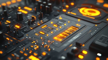 Futuristic circuit board with glowing orange components.