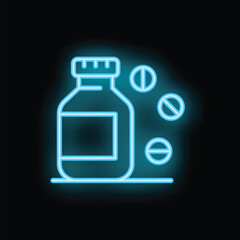 Glowing neon blue medicine bottle dispensing pills on a black background