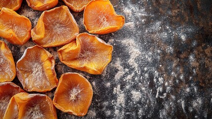 Dried persimmon slices on dark background with flour.