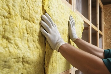 Construction worker installing mineral wool filling used as isolation material in walls. KI generiert, generiert, AI generated