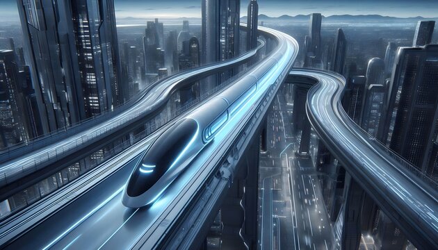 A futuristic hyperloop transport system with sleek aerodynamic design, ultra-fast speed, and AI-powered automation, set in a futuristic city landscape