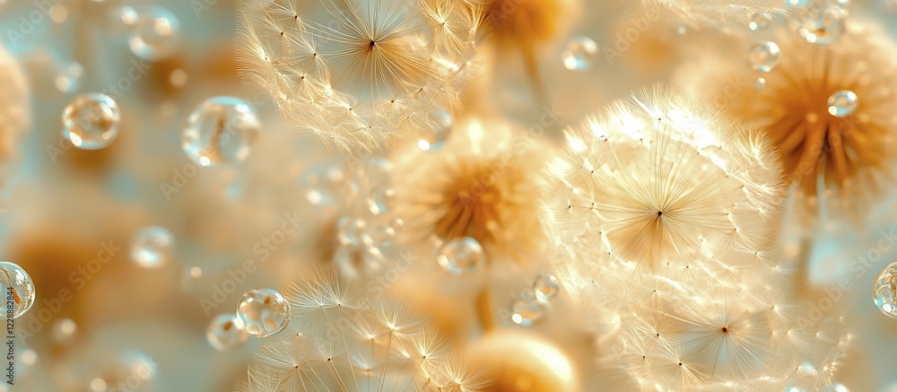 Poster golden dandelion seeds with sparkling droplets and a bokeh effect, creating a light and airy atmosph
