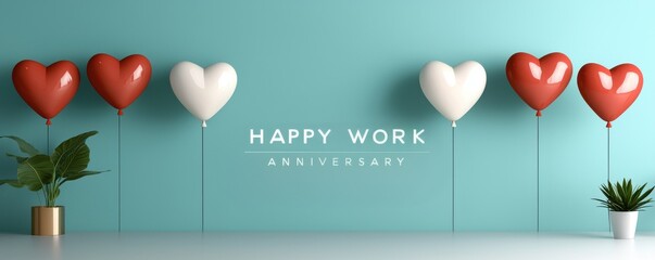 A cheerful scene with heart-shaped balloons and potted plants, featuring the text 'Happy Work Anniversary' against a soothing blue background.
