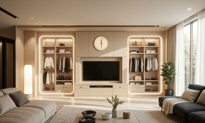 A smart AI-powered wardrobe with built-in lighting that adjusts according to the clothing being selected. It categorizes outfits by color, season, and occasion,