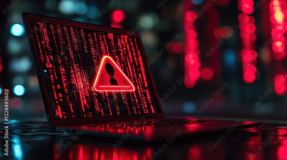 Poster laptop screen displaying a red warning sign and code at night.