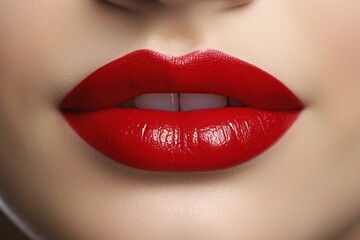 Fototapeta premium Close up of woman's mouth with bright red lipstick. KI generiert, generiert AI generated