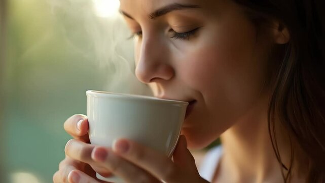 Woman enjoying a peaceful moment sipping hot tea in soft morning light