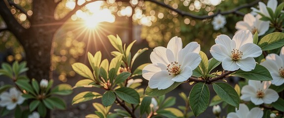 A tree with many white flowers is in full bloom. The sky is blue and clear, and the sun is shining brightly. Concept of beauty and tranquility, as the delicate flowers contrast with the strong