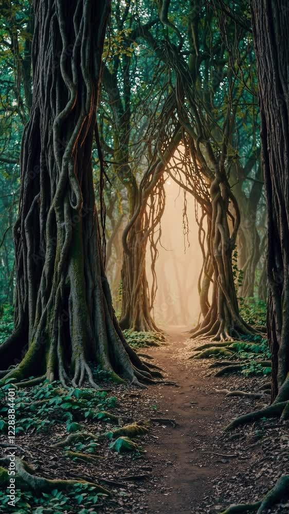 Poster a winding forest path leading to a faintly glowing archway, with twisted roots and vines suggesting 