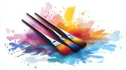 Obraz premium Three paintbrushes on colorful splash, art supplies