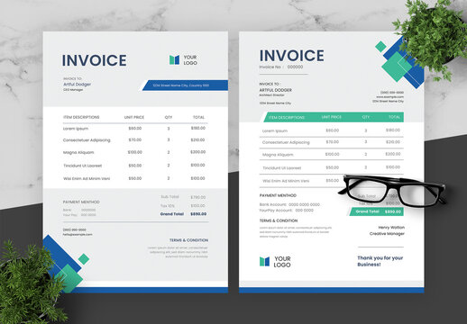 Blue And Green Invoice Set