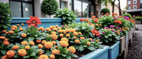 Obraz premium A row of potted plants with orange flowers and green leaves. The flowers are in various colors, including red, orange, and purple. The plants are arranged in a neat row