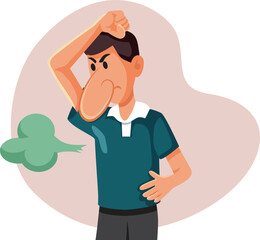 Vector Man with Smelly Armpits and Excessive Sweating Problem. Guy surprised by pungent body odor smell of himself 