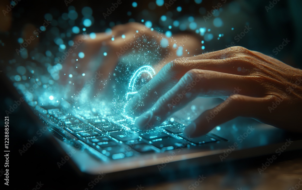 Aufkleber A digital lock symbol floating over a person s hands typing on a laptop keyboard