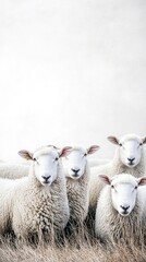 Fototapeta premium Five white sheep standing in a field of dry grass.