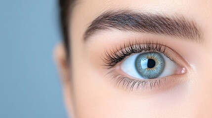 Obraz premium A close-up of a woman's eye featuring a striking blue iris, long eyelashes, and well-groomed brows against a soft, blurred background.