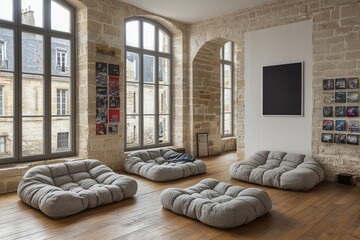 Fototapeta premium Modern Living Room With Comfortable Tufted Couches And Large Windows