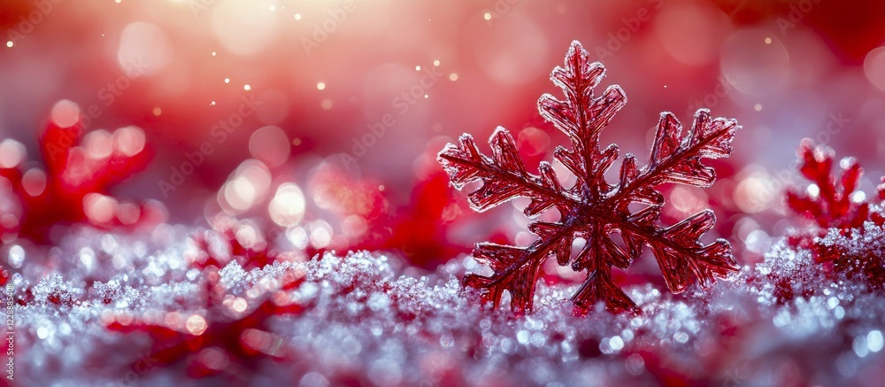 Poster a detailed view of a red snowflake on sparkling snow, with a warm bokeh background, ai generated