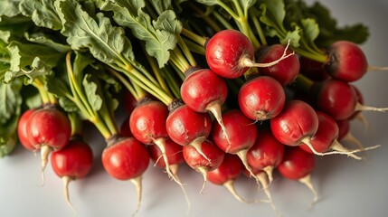 Freshly Harvested Radishes with Green Leaves on White Background