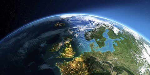 Highly detailed Earth with atmosphere, exaggerated relief and light-flooded cities. Transition from night to day. United Kingdom and the North Sea. 3D rendering. Elements of this image furnished by NASA