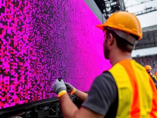A worker in a hard hat adjusts a large digital screen displaying vibrant pink patterns at a construction or event setup site.