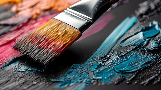 Close-up of a paintbrush mixing vibrant colors on a palette