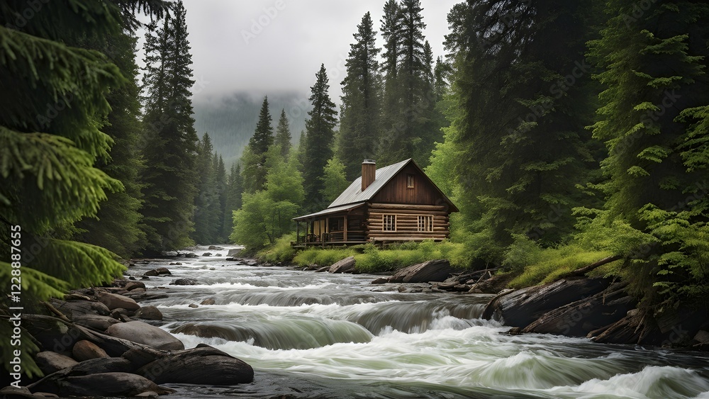 Aufkleber rustic log cabin nestled in a dense evergreen forest with a river with whitewater in the foreground,