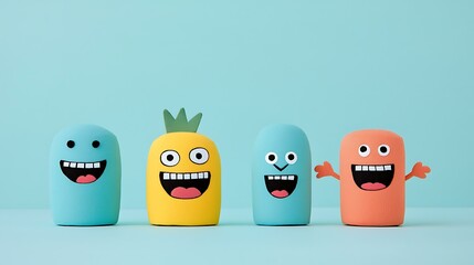 Obraz premium Colorful cartoon characters with cheerful faces on a bright blue background for playful designs