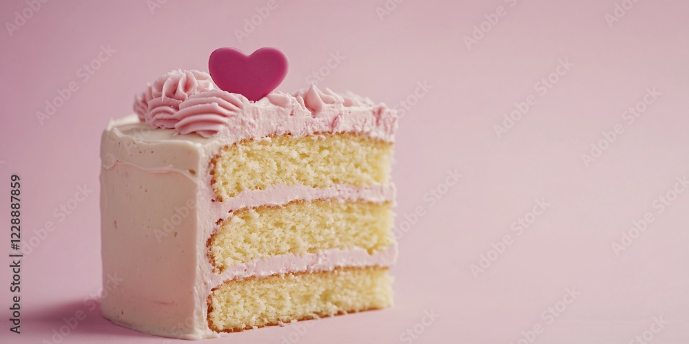 Poster slice of layered cake with heart on pastel pink background with copy space. generative ai, ai genera