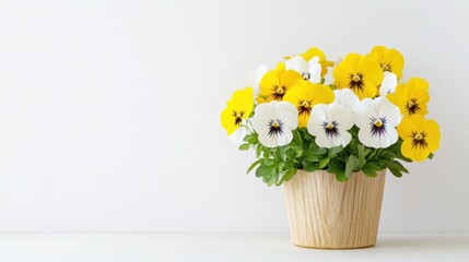 Yellow and White Pansies in Beige Pot on White Background
