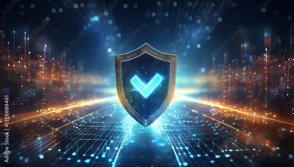 Poster a glowing shield symbolizes digital security, featuring a check mark, amidst a futuristic network of