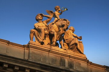 Naklejka premium Ornate figures, post office, 1887, Görlitz, Upper Lusatia, Saxony, Germany, Europe