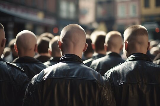 Back view of neo nazis with bald heads and leather jackets in street. AI generated