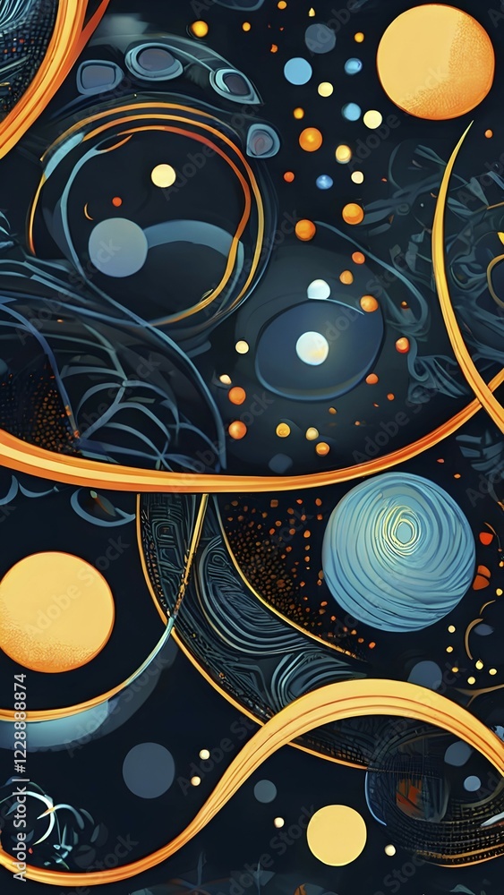 Poster a whimsical abstract pattern with intertwined ribbons, eggs, and floral motifs, with a mix of sharp 