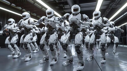 Obraz premium A squad of robots with white armor marches in precise formation in a facility, ai generated, AI generated
