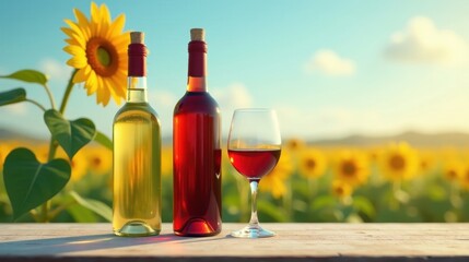 Obraz premium Sunlit Vineyard Still Life Two Bottles of Wine and a Glass Resting on a Wooden Table Against a Field of Sunflowers at Golden Hour