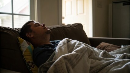 Fototapeta premium A man is peacefully asleep on a couch, covered with a blanket, in a cozy living room with natural light streaming through a window.
