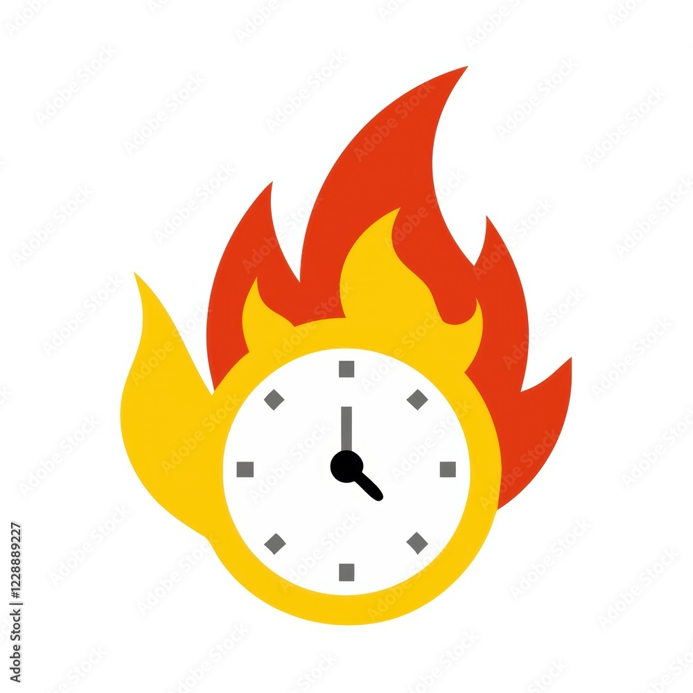 Poster a fiery clock symbolizing urgency or a deadline, combining elements of time and fire in a visually s