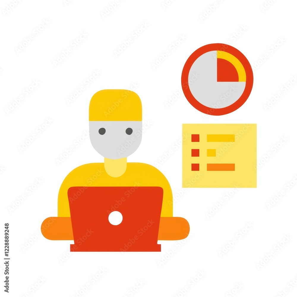 Poster a simple illustration of a person working on a laptop, accompanied by a circular chart and a checkli