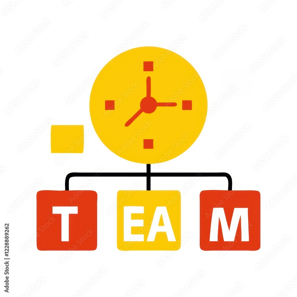 Poster a colorful graphic representing teamwork, featuring a clock and the word 