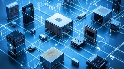Futuristic digital circuit board with glowing holographic connections, abstract technology background representing ai, data networks, and cybersecurity


