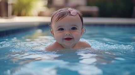Happy baby girl swimming poolside, backyard summer