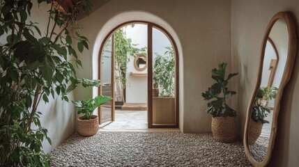 Sunlit interior hallway with arched doorway, pebble floor, potted plants, and mirror.