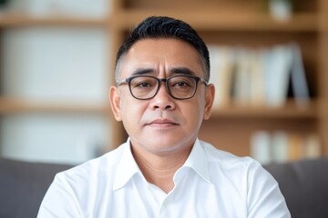 Obraz premium Professional man in glasses sitting on couch with a serious expression indoors in a well-lit room