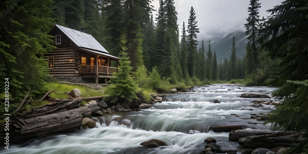 Aufkleber rustic log cabin nestled in a dense evergreen forest with a river with whitewater in the foreground,