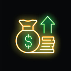 Neon sign illustrating increasing stacks of coins and a money bag, representing the concept of investment growth and financial success