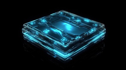 Glowing blue transparent computer chip on black reflective surface.